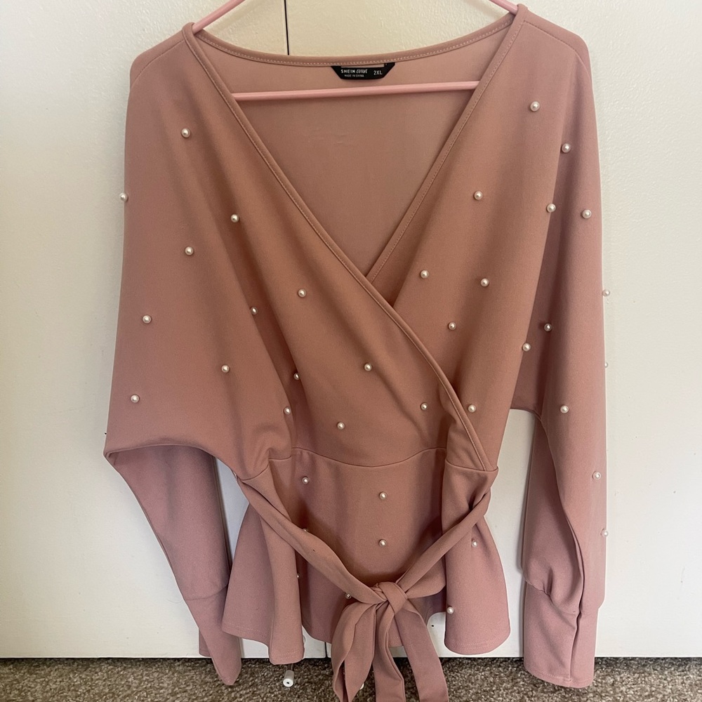 Shein Curve Pink Blouse with Pearl Detailing